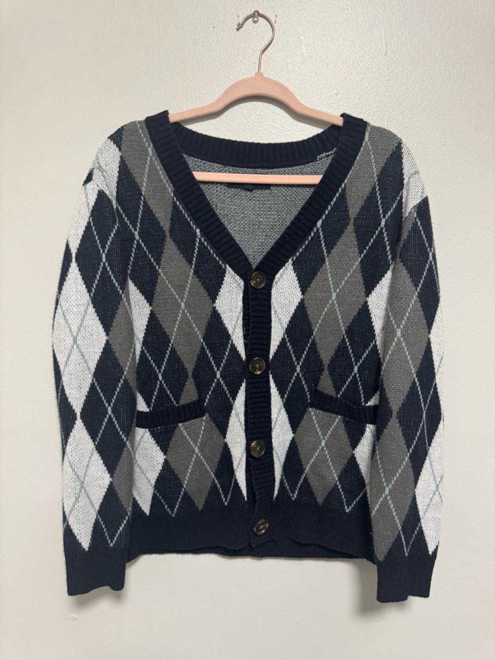 Pac-sun Navy Argyle Academia V-neck Button Up Cardigan Sweater